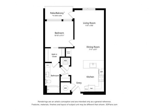 Floor plan for 1 bed, 1 bath, 716 sqft